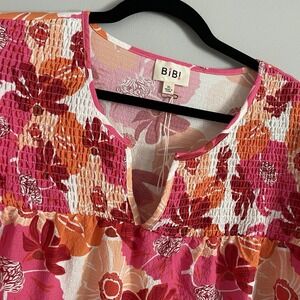 BiBi Pink Floral Blouse XL Smocked Ruffle Sleeve Pullover Artsy Boho Summer